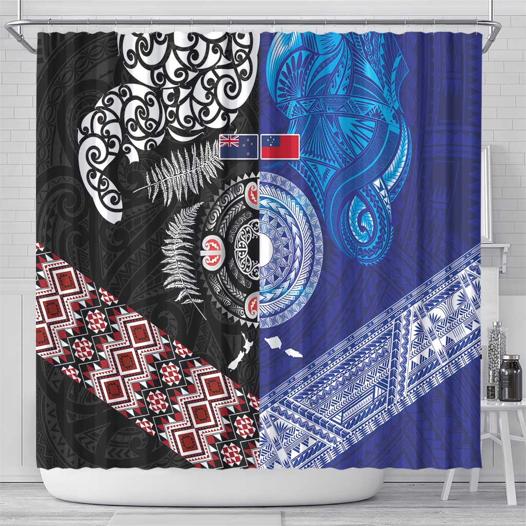 Samoa and Aotearoa Together Shower Curtain Tatau Art Tattoos-Taniko and Maori with Fern