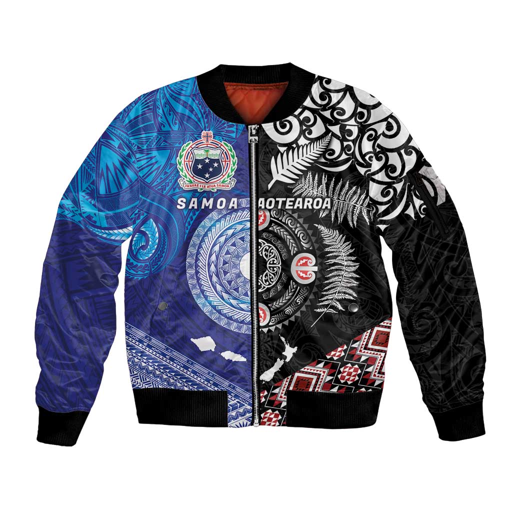 Samoa and Aotearoa Together Sleeve Zip Bomber Jacket Tatau Art Tattoos-Taniko and Maori with Fern