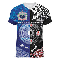 Samoa and Aotearoa Together Women V-Neck T-Shirt Tatau Art Tattoos-Taniko and Maori with Fern