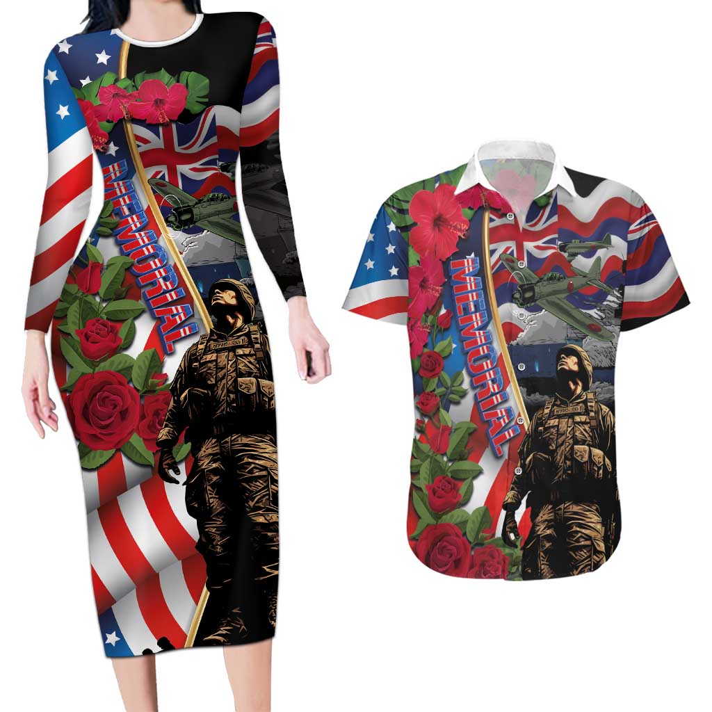 Hawaii and United States Memorial Day Couples Matching Long Sleeve Bodycon Dress and Hawaiian Shirt Honor and Remember The Fallen