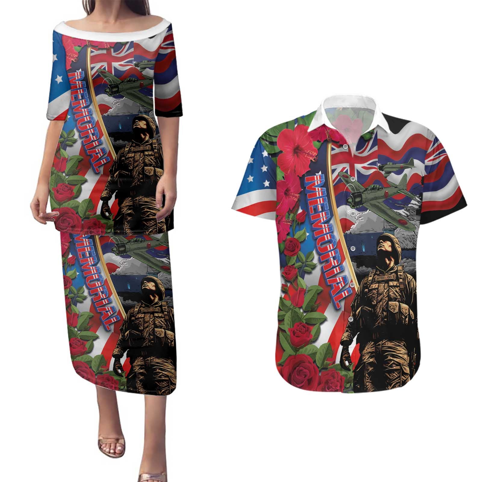 Hawaii and United States Memorial Day Couples Matching Puletasi and Hawaiian Shirt Honor and Remember The Fallen