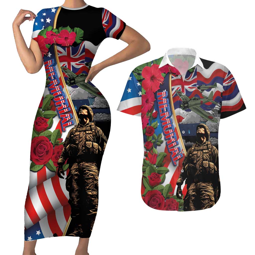 Hawaii and United States Memorial Day Couples Matching Short Sleeve Bodycon Dress and Hawaiian Shirt Honor and Remember The Fallen