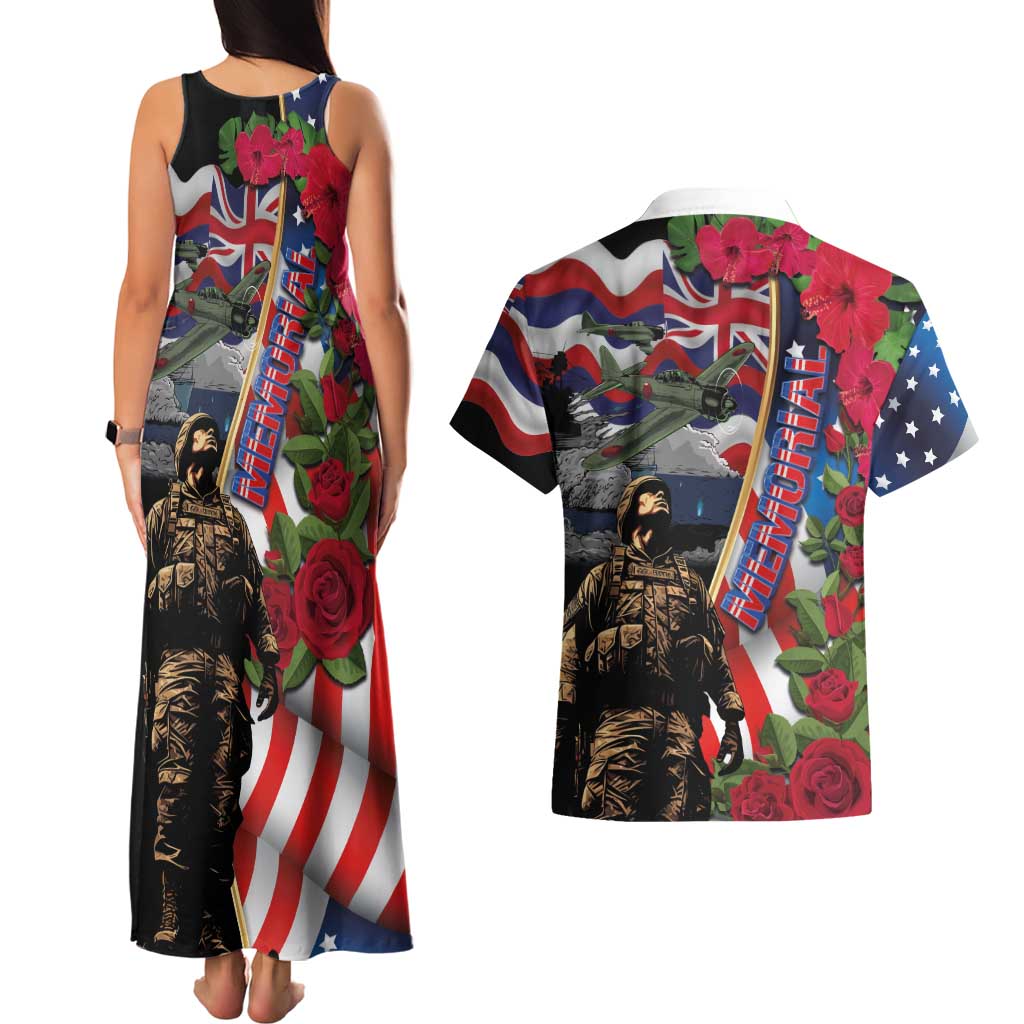 Hawaii and United States Memorial Day Couples Matching Tank Maxi Dress and Hawaiian Shirt Honor and Remember The Fallen