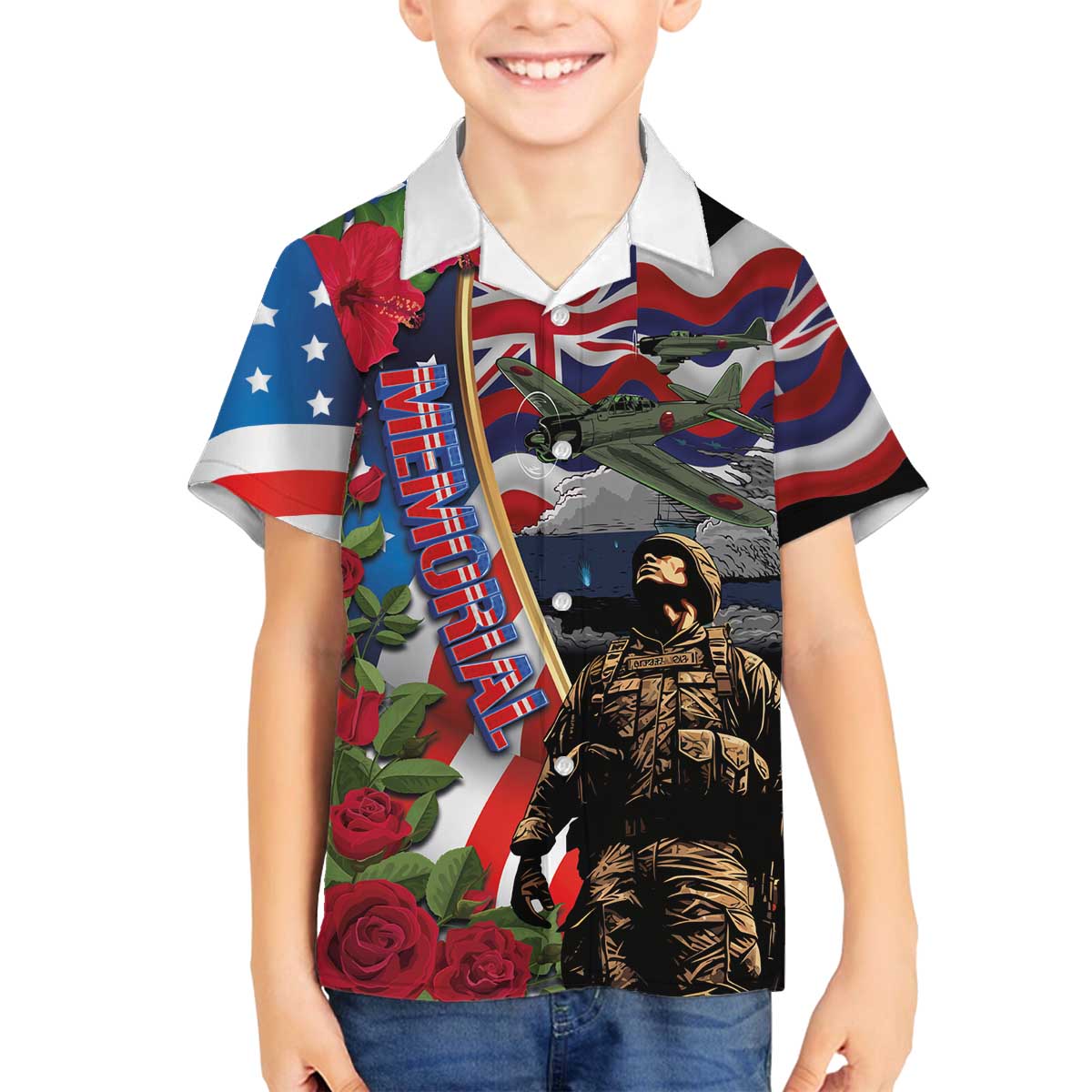 Hawaii and United States Memorial Day Family Matching Off The Shoulder Long Sleeve Dress and Hawaiian Shirt Honor and Remember The Fallen