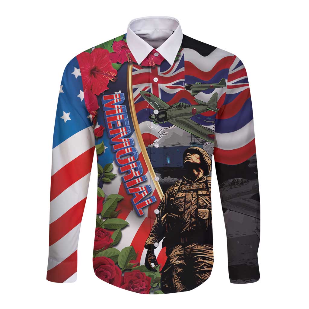 Hawaii and United States Memorial Day Long Sleeve Button Shirt Honor and Remember The Fallen LT03 Unisex Blue - Polynesian Pride