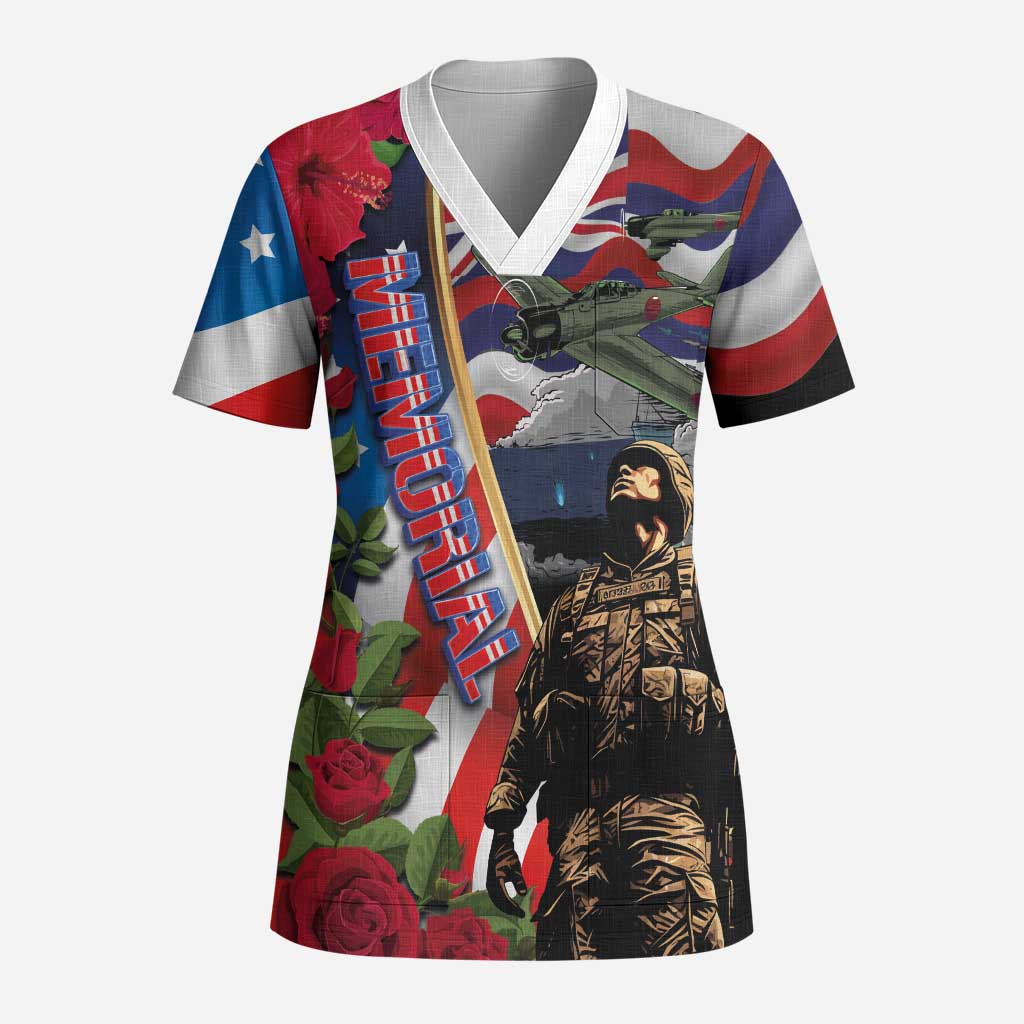 Hawaii and United States Memorial Day Scrub Top Honor and Remember The Fallen - Polynesian Pride
