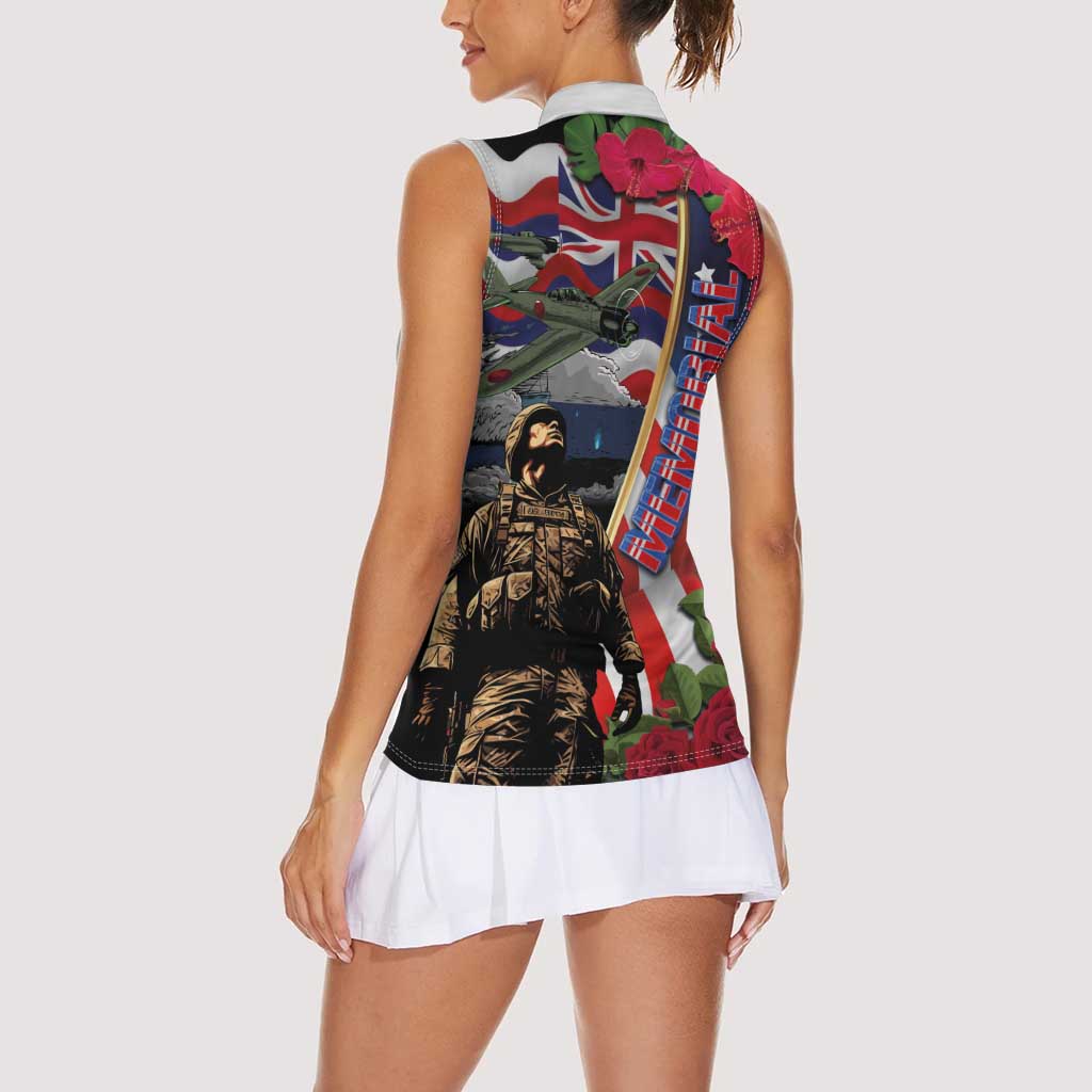 Hawaii and United States Memorial Day Women Sleeveless Polo Shirt Honor and Remember The Fallen