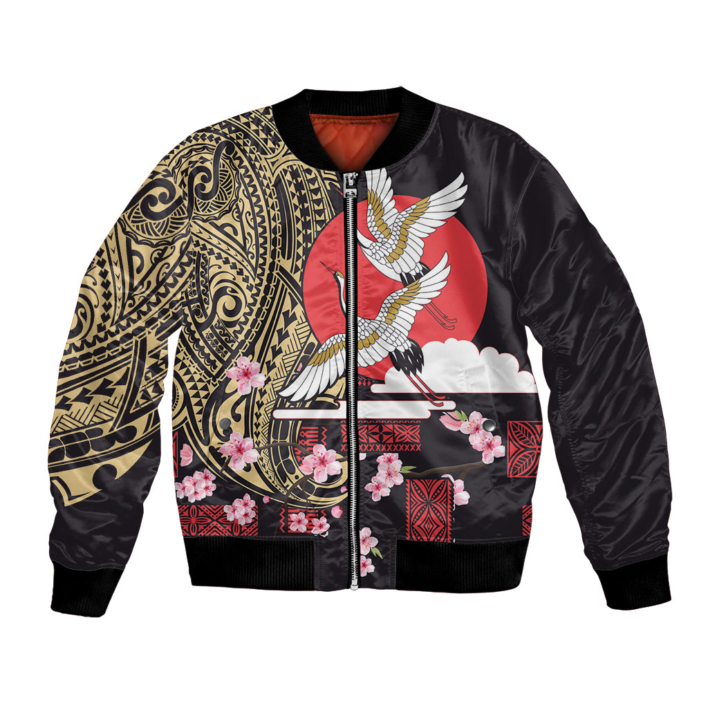 Japanese Culture and Hawaiian Tribal Bomber Jacket Sakura Blossom Tapa Pattern