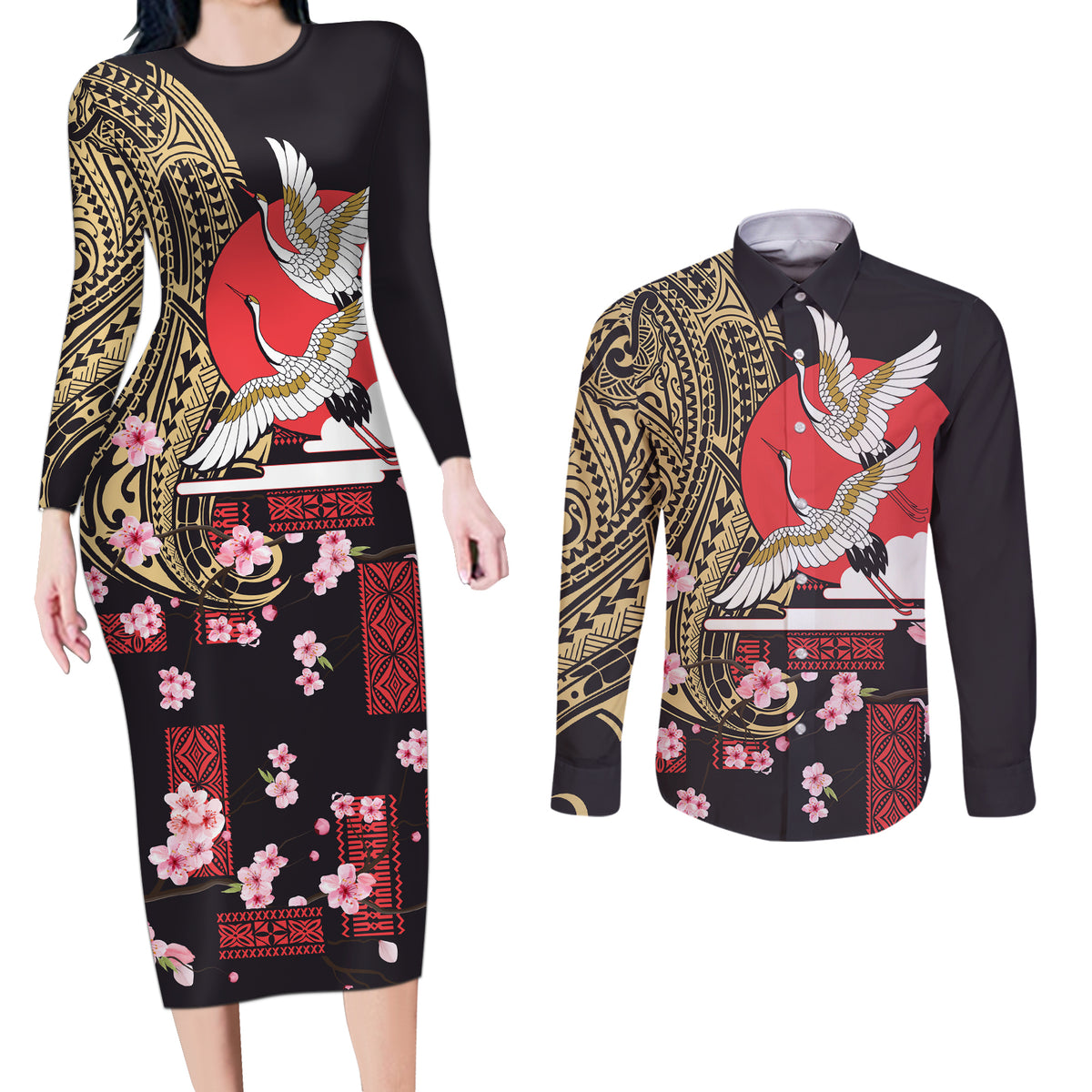 Japanese Culture and Hawaiian Tribal Couples Matching Long Sleeve Bodycon Dress and Long Sleeve Button Shirt Sakura Blossom Tapa Pattern