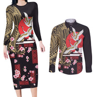 Japanese Culture and Hawaiian Tribal Couples Matching Long Sleeve Bodycon Dress and Long Sleeve Button Shirt Sakura Blossom Tapa Pattern