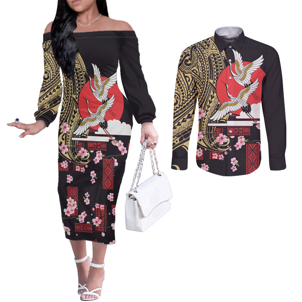 Japanese Culture and Hawaiian Tribal Couples Matching Off The Shoulder Long Sleeve Dress and Long Sleeve Button Shirt Sakura Blossom Tapa Pattern