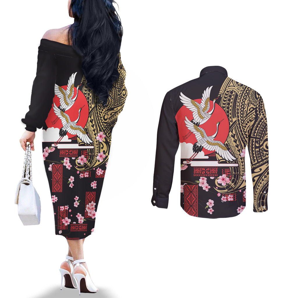 Japanese Culture and Hawaiian Tribal Couples Matching Off The Shoulder Long Sleeve Dress and Long Sleeve Button Shirt Sakura Blossom Tapa Pattern