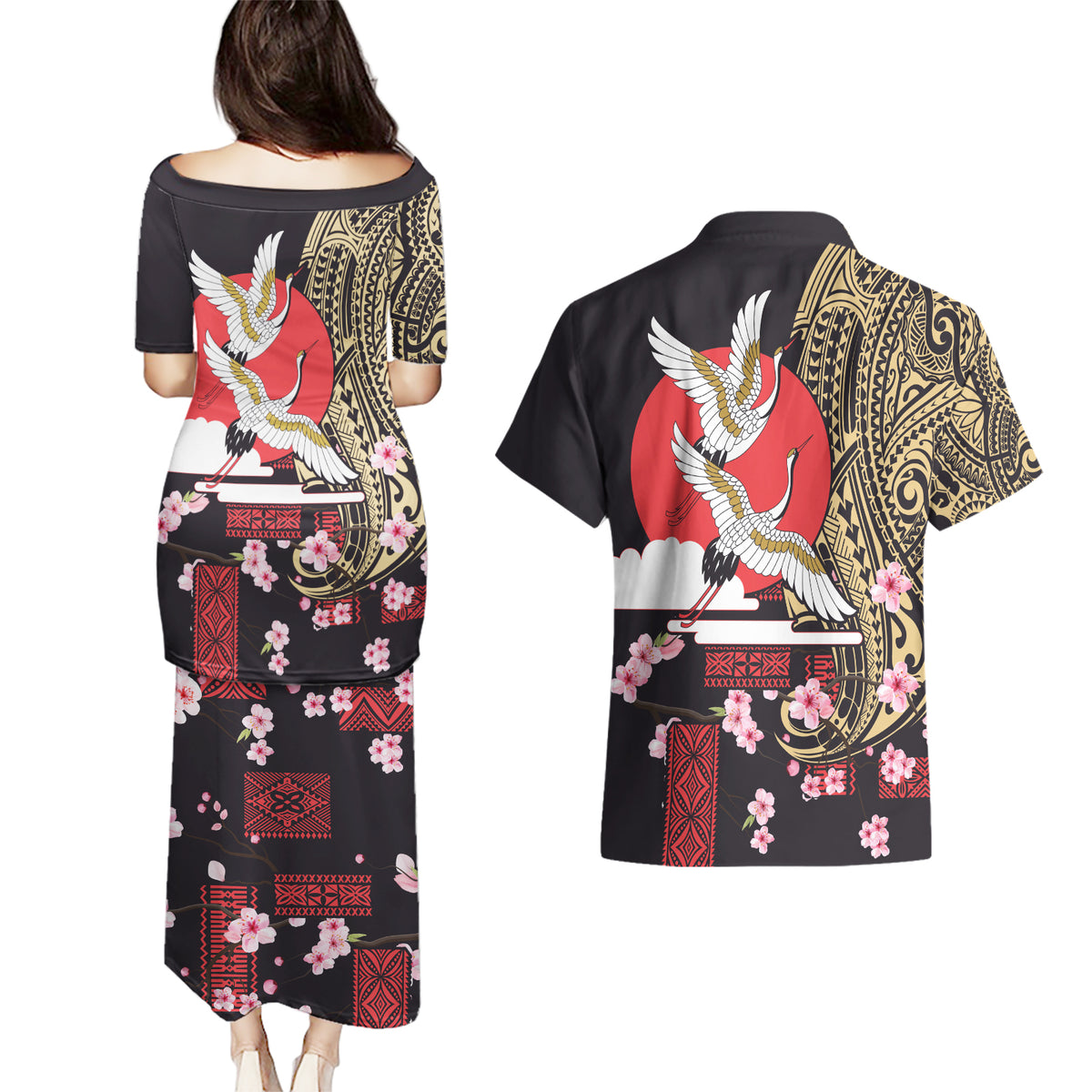 Japanese Culture and Hawaiian Tribal Couples Matching Puletasi and Hawaiian Shirt Sakura Blossom Tapa Pattern