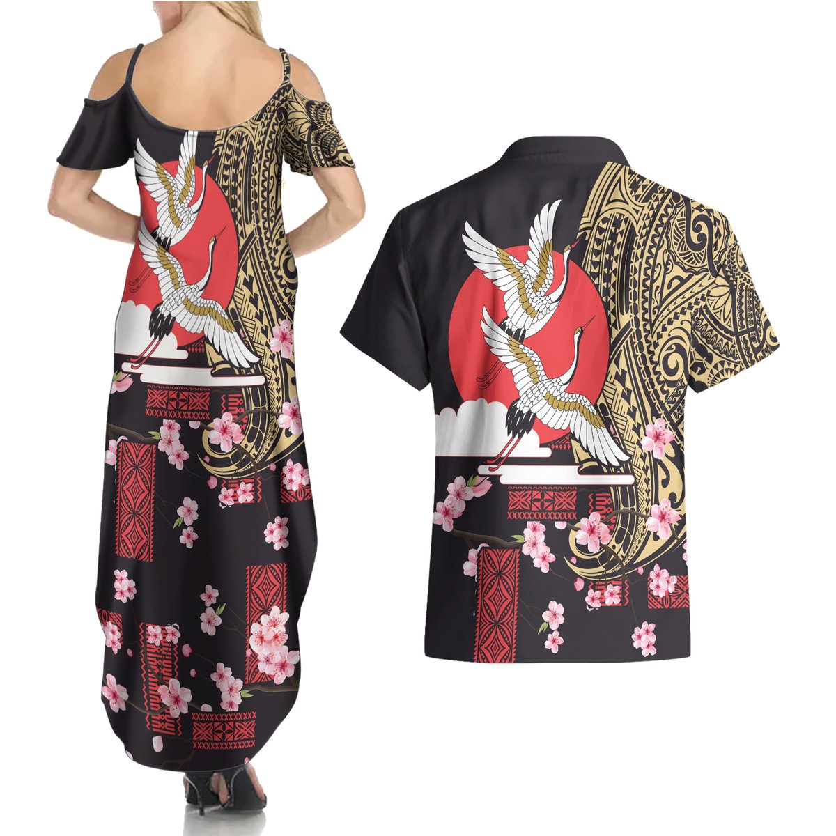 Japanese Culture and Hawaiian Tribal Couples Matching Summer Maxi Dress and Hawaiian Shirt Sakura Blossom Tapa Pattern