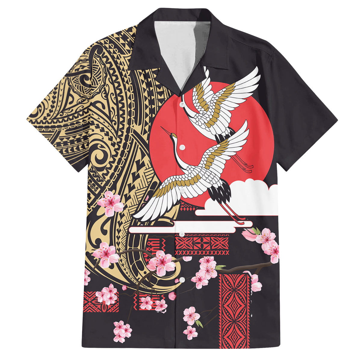 Japanese Culture and Hawaiian Tribal Family Matching Long Sleeve Bodycon Dress and Hawaiian Shirt Sakura Blossom Tapa Pattern