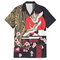 Japanese Culture and Hawaiian Tribal Family Matching Off The Shoulder Long Sleeve Dress and Hawaiian Shirt Sakura Blossom Tapa Pattern