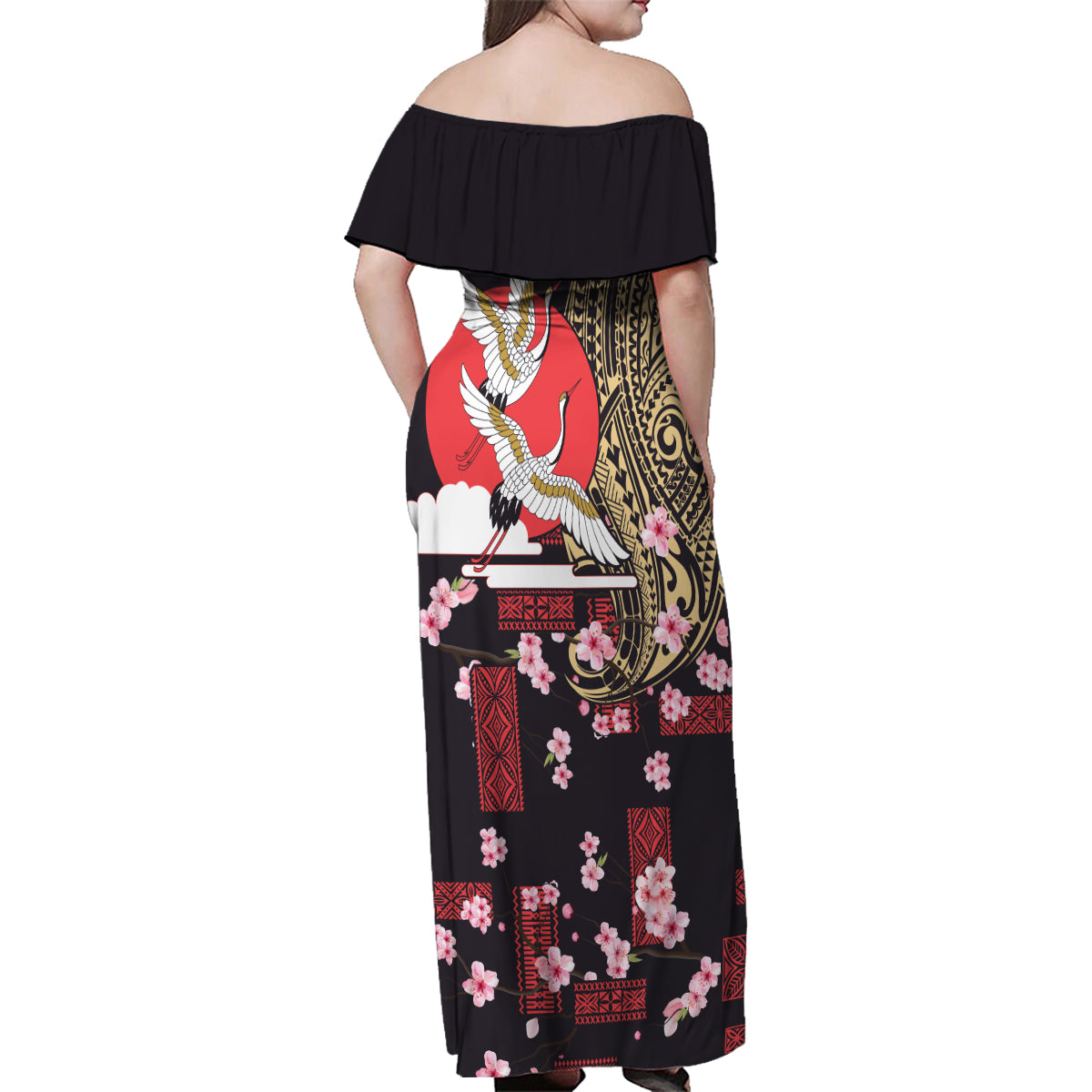 Japanese Culture and Hawaiian Tribal Family Matching Off Shoulder Maxi Dress and Hawaiian Shirt Sakura Blossom Tapa Pattern