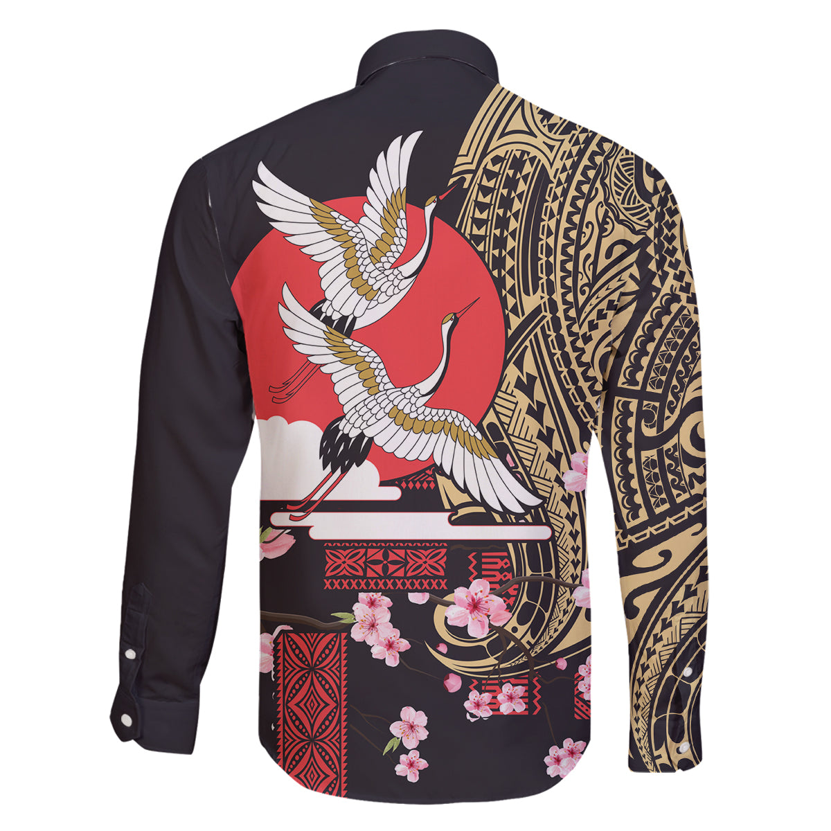 Japanese Culture and Hawaiian Tribal Family Matching Off Shoulder Short Dress and Hawaiian Shirt Sakura Blossom Tapa Pattern