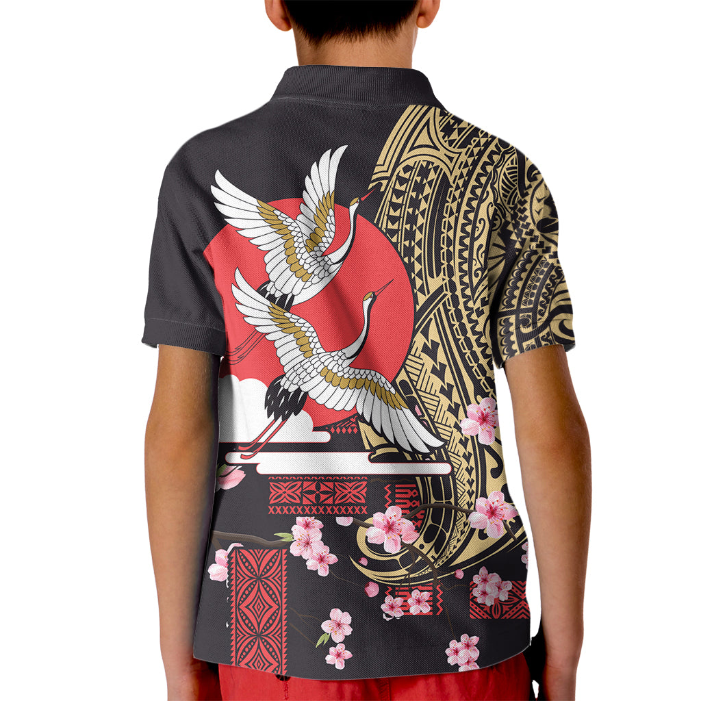 Japanese Culture and Hawaiian Tribal Kid Polo Shirt Sakura Blossom Tapa Pattern