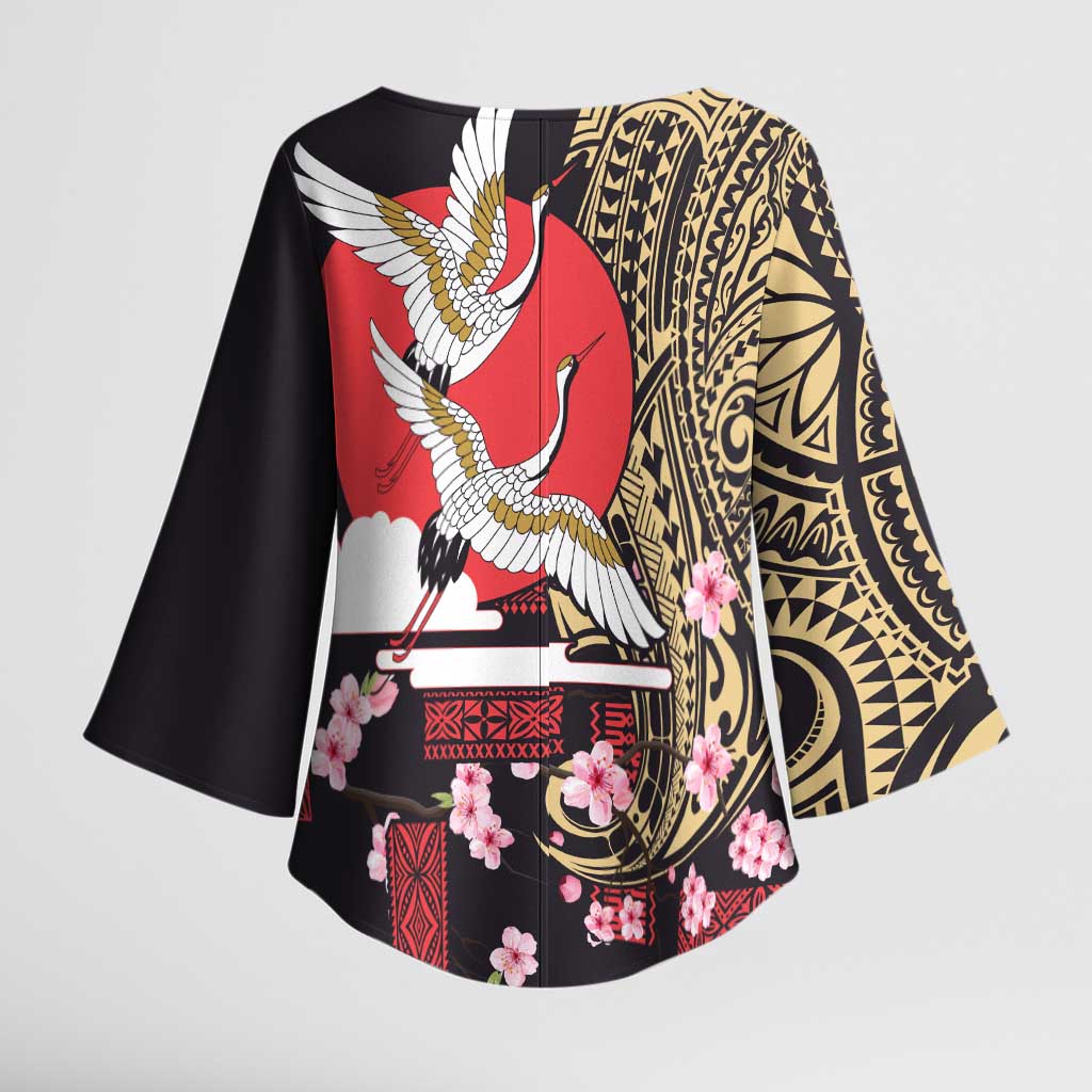 Japanese Culture and Hawaiian Tribal Kimono Sleeve Blouse Sakura Blossom Tapa Pattern - Polynesian Pride