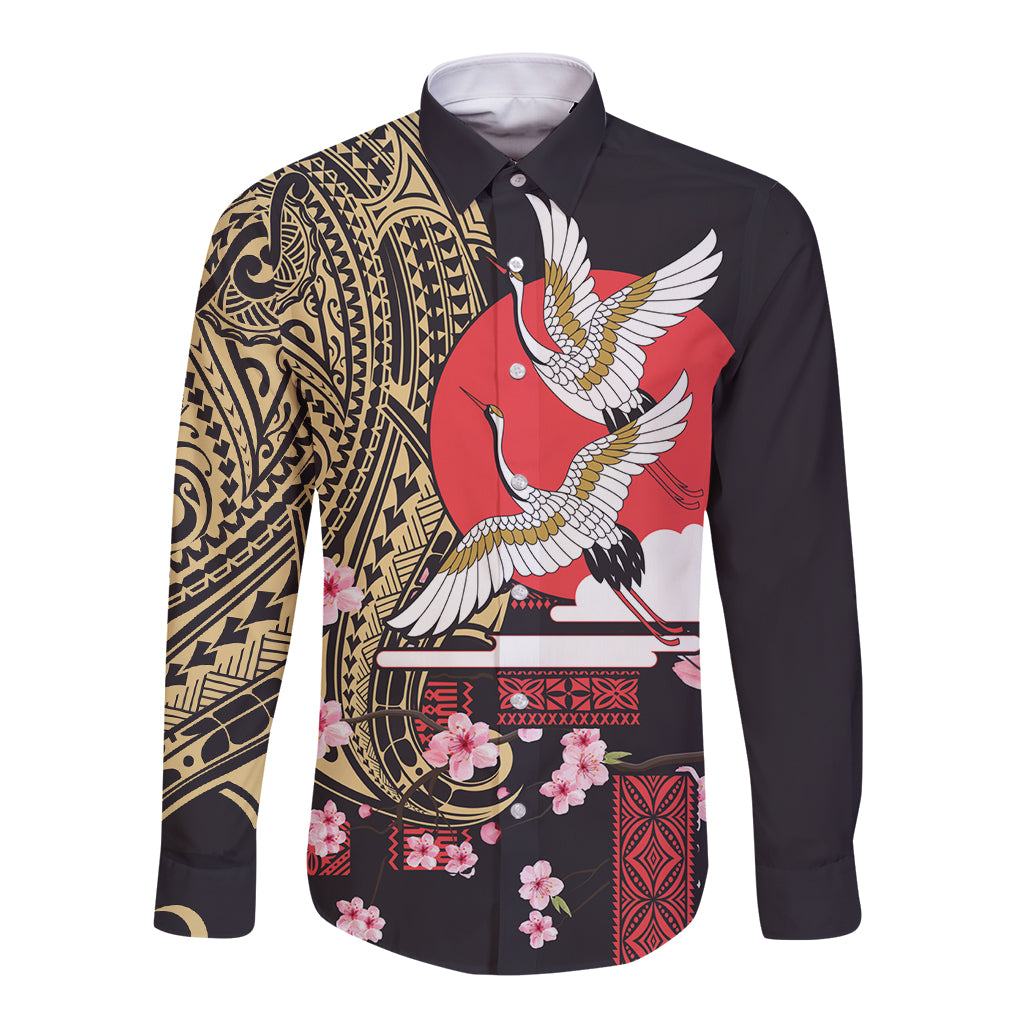 Japanese Culture and Hawaiian Tribal Long Sleeve Button Shirt Sakura Blossom Tapa Pattern LT03 Unisex Black - Polynesian Pride