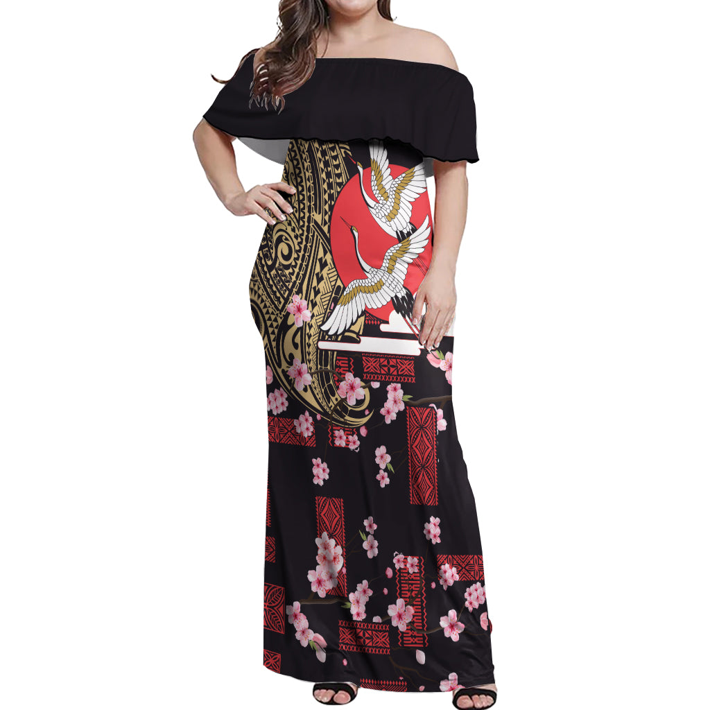 Japanese Culture and Hawaiian Tribal Off Shoulder Maxi Dress Sakura Blossom Tapa Pattern LT03 Women Black - Polynesian Pride