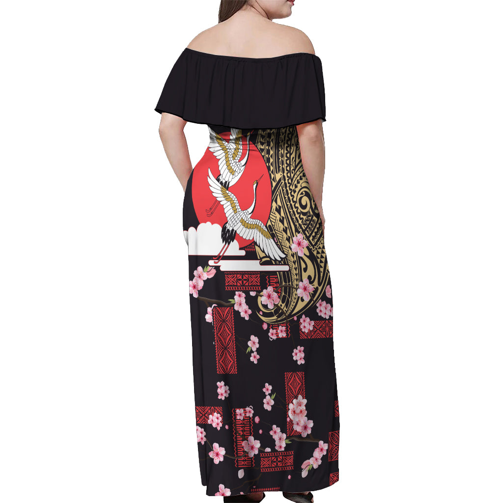 Japanese Culture and Hawaiian Tribal Off Shoulder Maxi Dress Sakura Blossom Tapa Pattern LT03 - Polynesian Pride