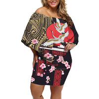 Japanese Culture and Hawaiian Tribal Off Shoulder Short Dress Sakura Blossom Tapa Pattern LT03 Women Black - Polynesian Pride