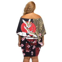 Japanese Culture and Hawaiian Tribal Off Shoulder Short Dress Sakura Blossom Tapa Pattern LT03 - Polynesian Pride