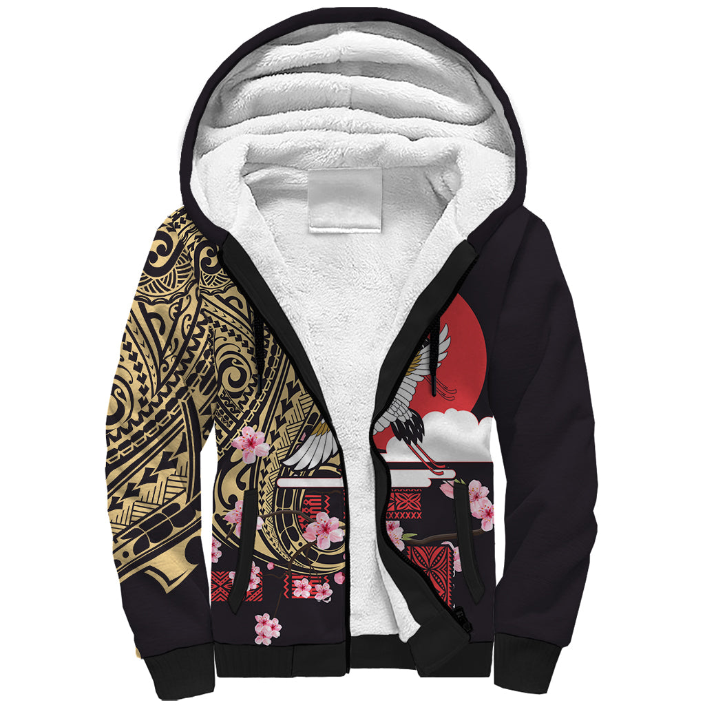 Japanese Culture and Hawaiian Tribal Sherpa Hoodie Sakura Blossom Tapa Pattern