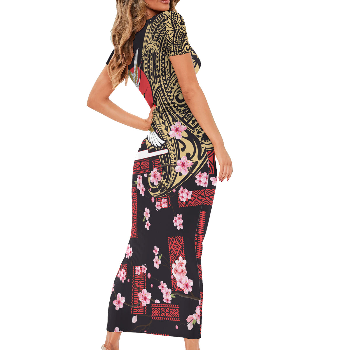 Japanese Culture and Hawaiian Tribal Short Sleeve Bodycon Dress Sakura Blossom Tapa Pattern