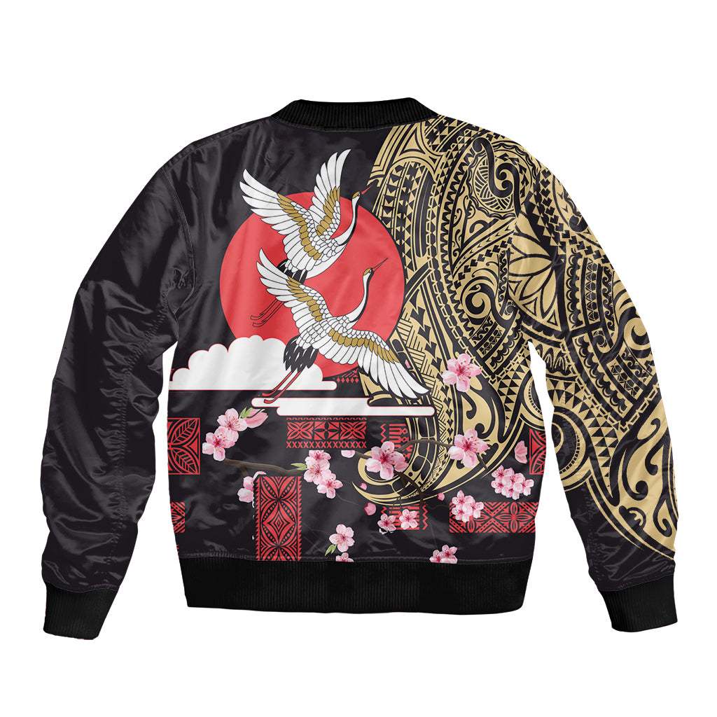 Japanese Culture and Hawaiian Tribal Sleeve Zip Bomber Jacket Sakura Blossom Tapa Pattern