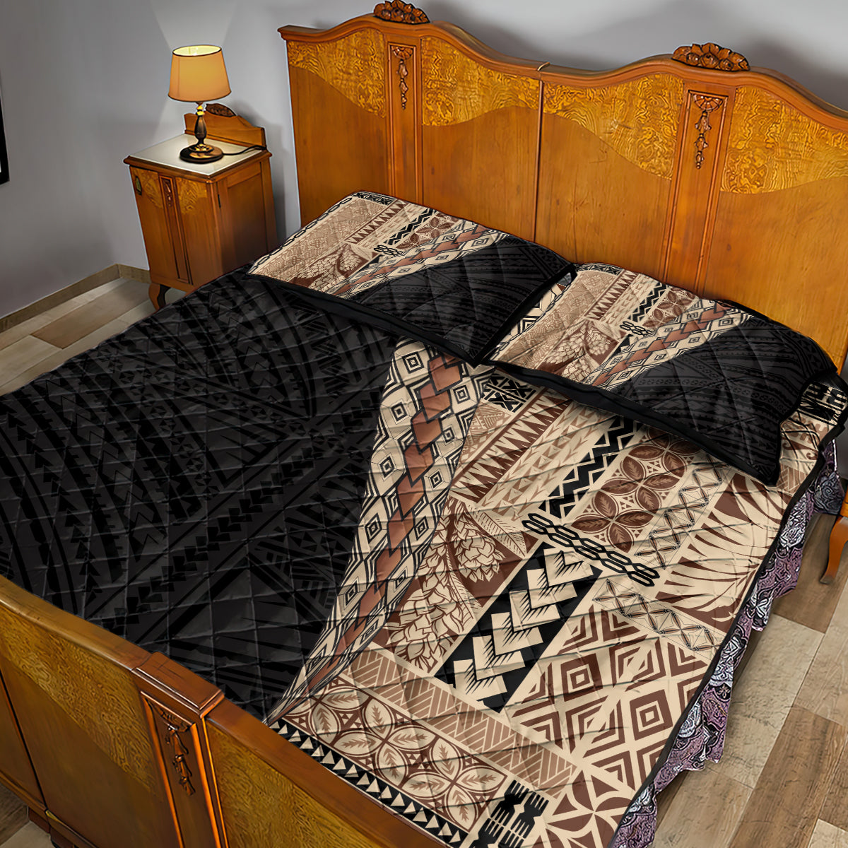 Samoa Siapo Motif Half Style Quilt Bed Set Brown Version