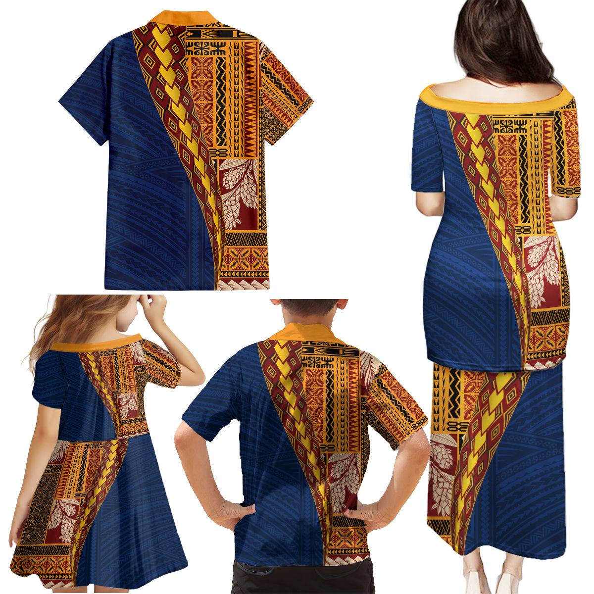 Samoa Siapo Motif Half Style Family Matching Puletasi and Hawaiian Shirt Colorful Version