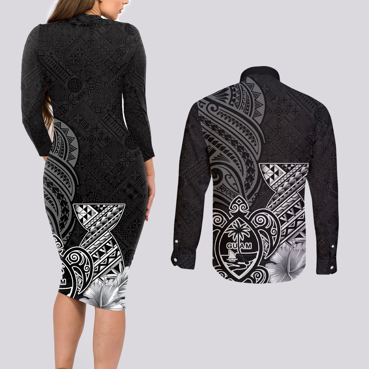 Guam Latte Stone Chamorro Culture Couples Matching Long Sleeve Bodycon Dress and Long Sleeve Button Shirt Tapa Pattern LT03 - Polynesian Pride