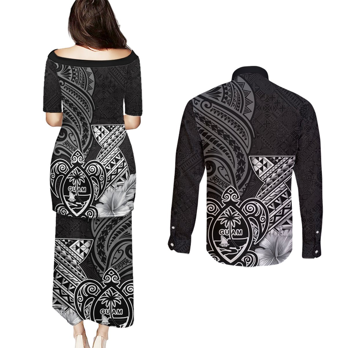 Guam Latte Stone Chamorro Culture Couples Matching Puletasi and Long Sleeve Button Shirt Tapa Pattern LT03 - Polynesian Pride