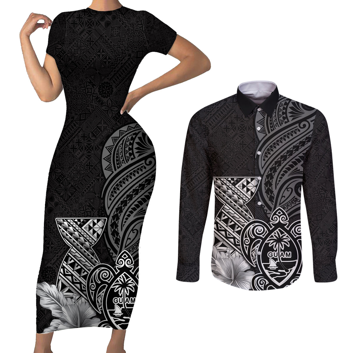 Guam Latte Stone Chamorro Culture Couples Matching Short Sleeve Bodycon Dress and Long Sleeve Button Shirt Tapa Pattern LT03 Black - Polynesian Pride
