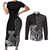 Guam Latte Stone Chamorro Culture Couples Matching Short Sleeve Bodycon Dress and Long Sleeve Button Shirt Tapa Pattern LT03 Black - Polynesian Pride