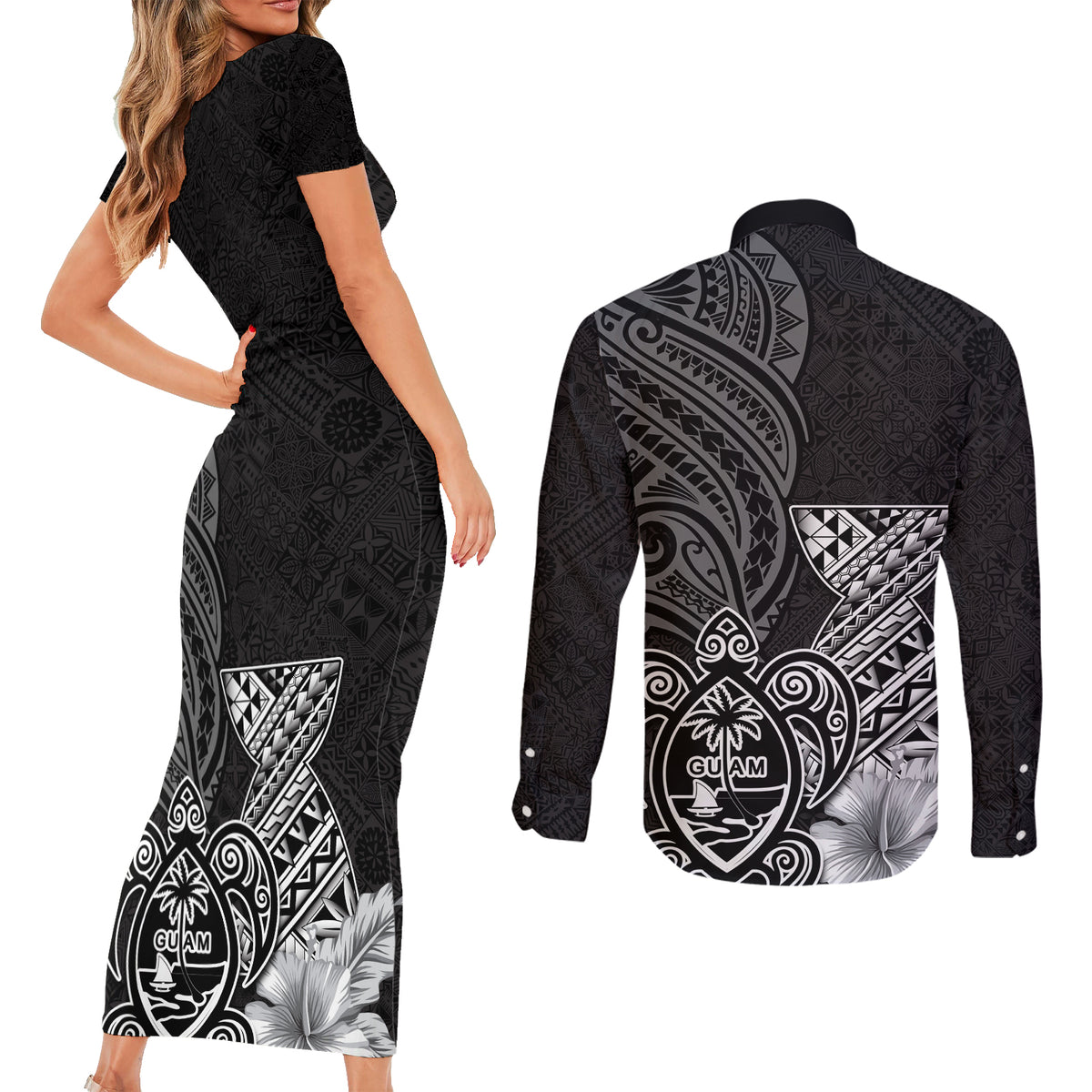Guam Latte Stone Chamorro Culture Couples Matching Short Sleeve Bodycon Dress and Long Sleeve Button Shirt Tapa Pattern LT03 - Polynesian Pride