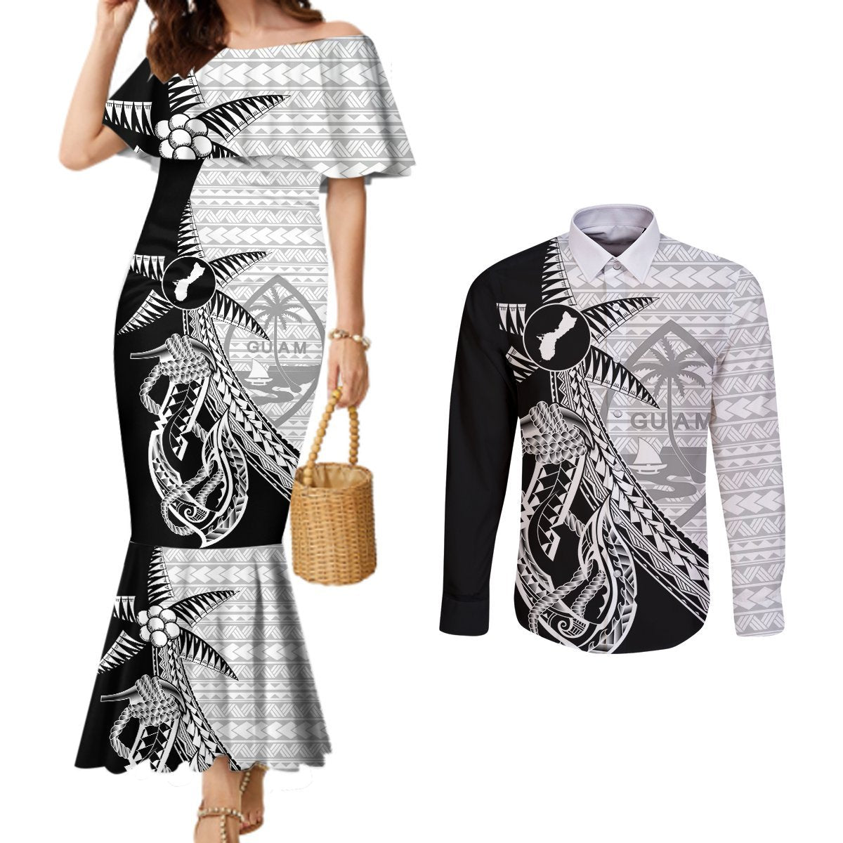 Guam Fish Hook and Palm Tree Couples Matching Mermaid Dress and Long Sleeve Button Shirt Polynesian Pattern Half Style LT03 White - Polynesian Pride