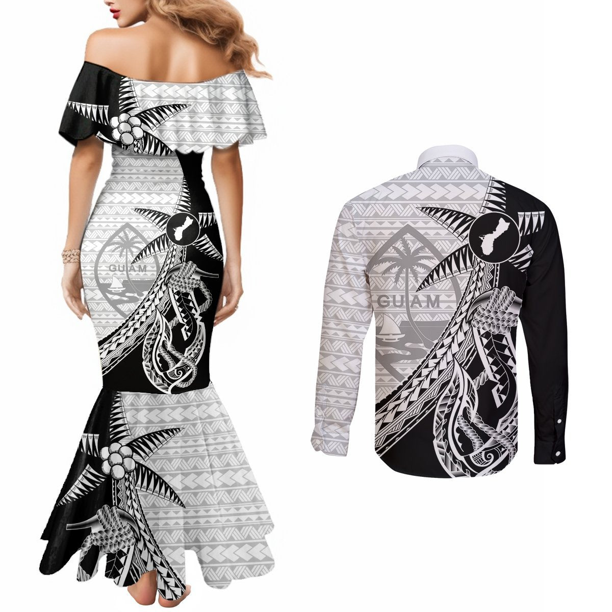 Guam Fish Hook and Palm Tree Couples Matching Mermaid Dress and Long Sleeve Button Shirt Polynesian Pattern Half Style LT03 - Polynesian Pride