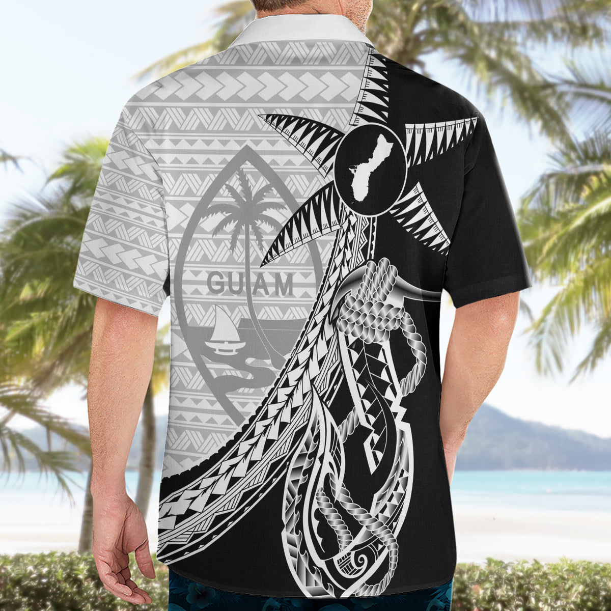 Guam Fish Hook and Palm Tree Hawaiian Shirt Polynesian Pattern Half Style