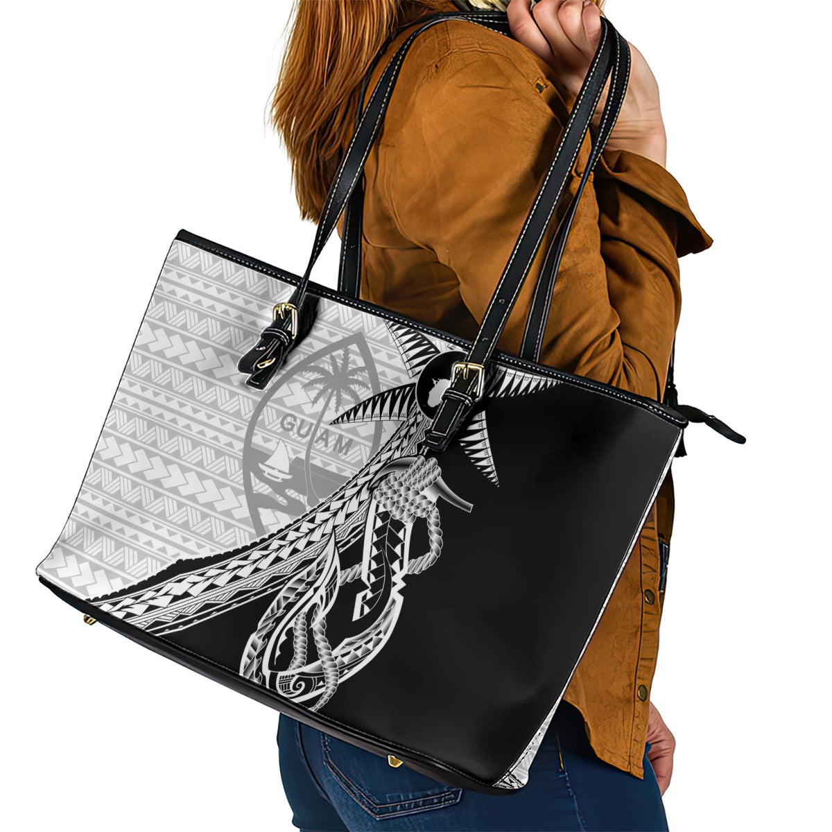 Guam Fish Hook and Palm Tree Leather Tote Bag Polynesian Pattern Half Style