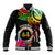 Personalised Vanuatu 44th Anniversary Baseball Jacket Boars Tusk and Melanesian Warrior Indipendens Dei
