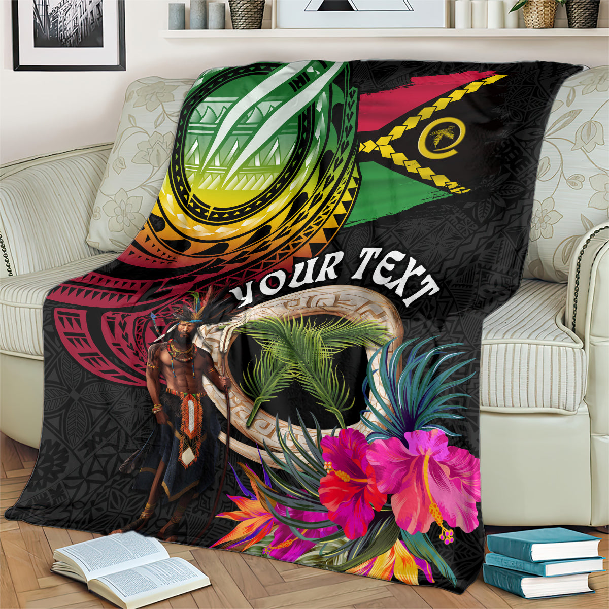 Personalised Vanuatu 44th Anniversary Blanket Boars Tusk and Melanesian Warrior Indipendens Dei