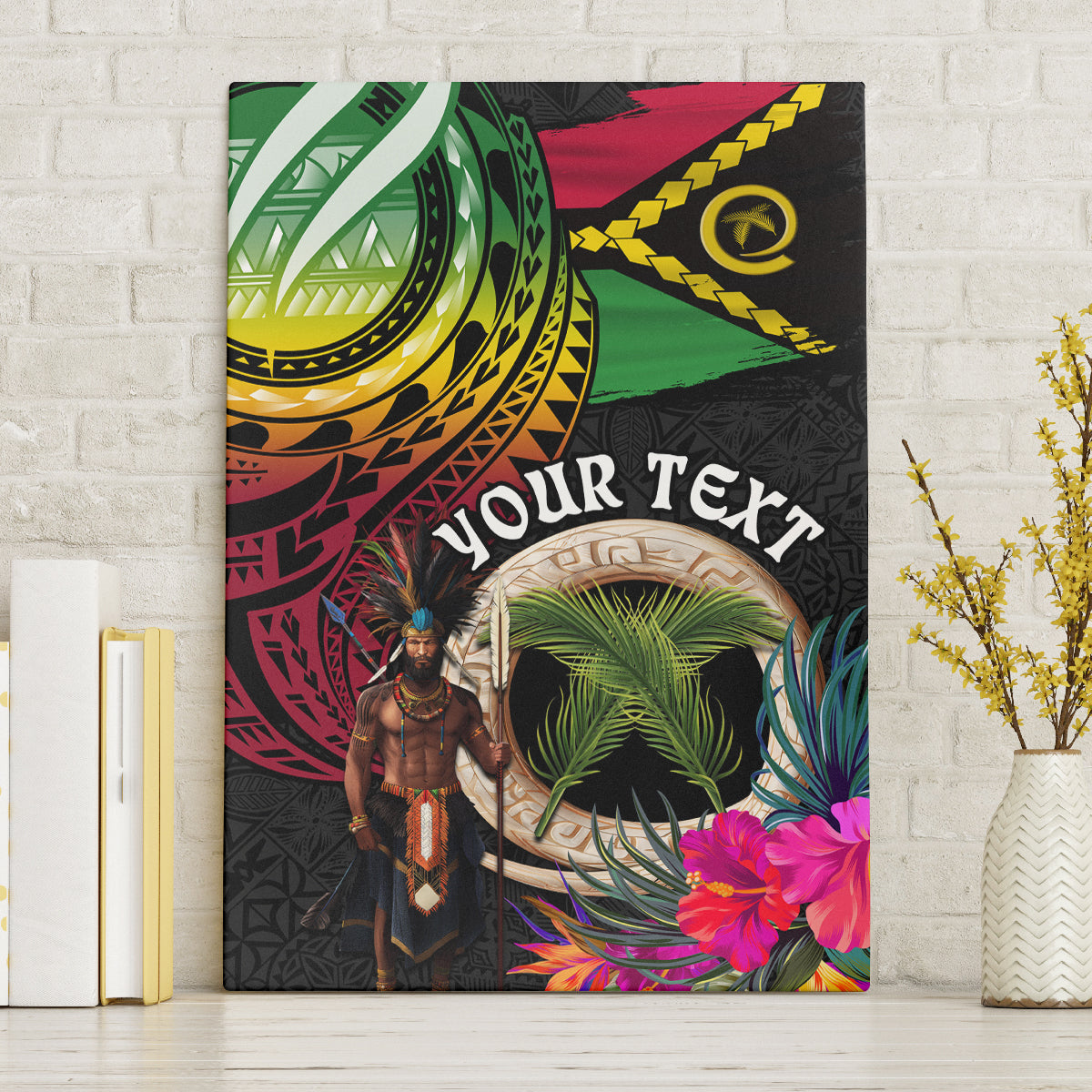 Personalised Vanuatu 44th Anniversary Canvas Wall Art Boars Tusk and Melanesian Warrior Indipendens Dei