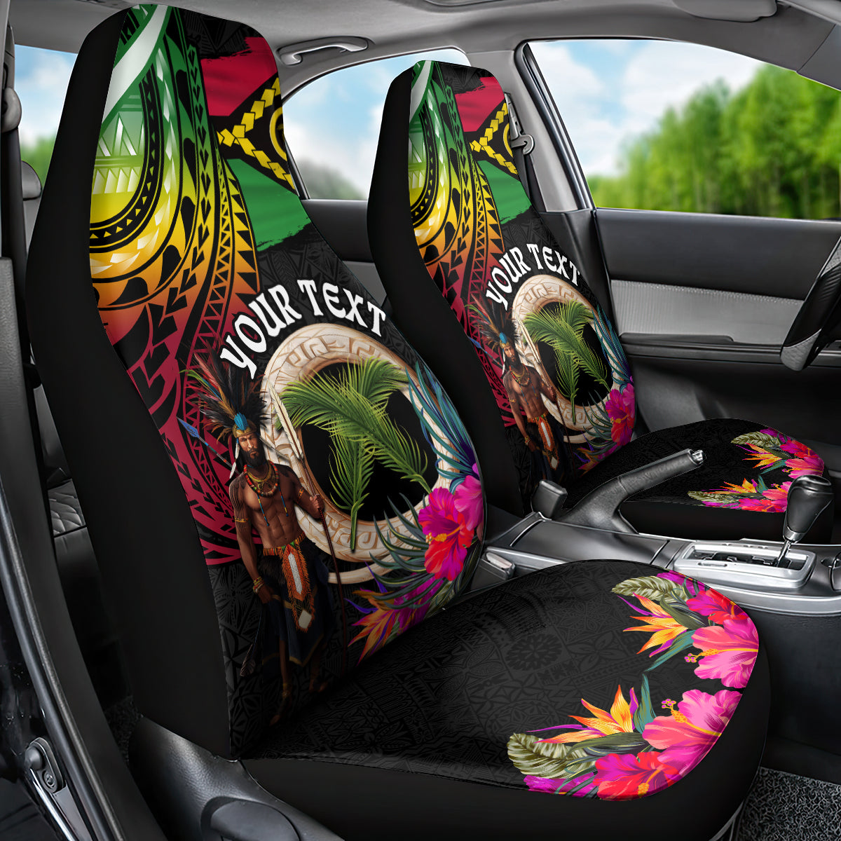Personalised Vanuatu 44th Anniversary Car Seat Cover Boars Tusk and Melanesian Warrior Indipendens Dei
