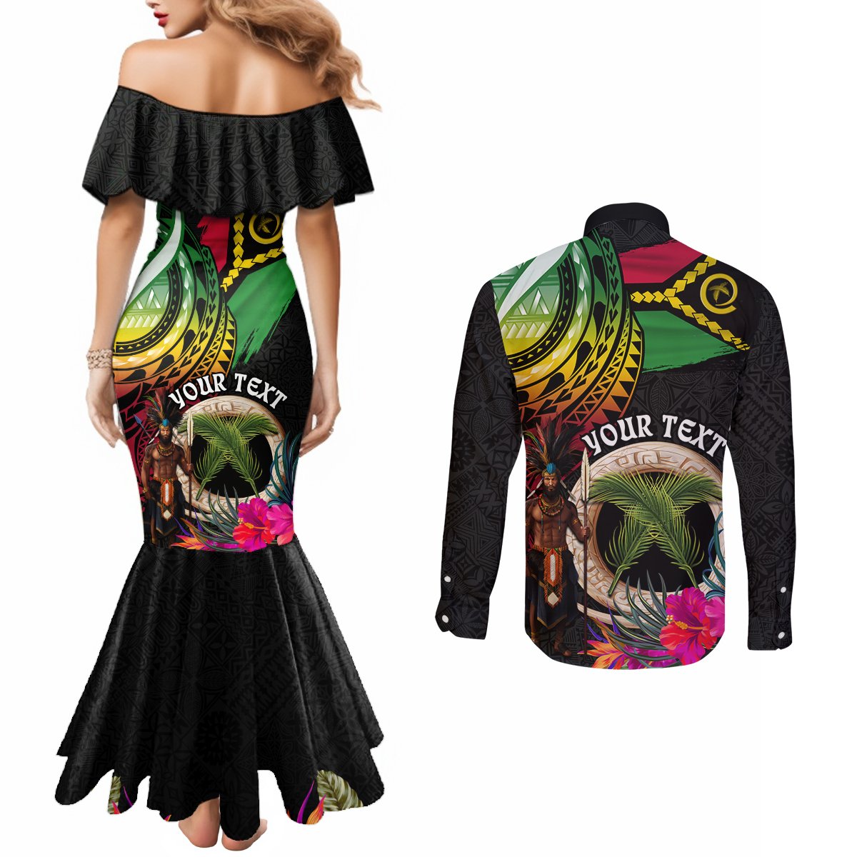Personalised Vanuatu 44th Anniversary Couples Matching Mermaid Dress and Long Sleeve Button Shirt Boars Tusk and Melanesian Warrior Indipendens Dei