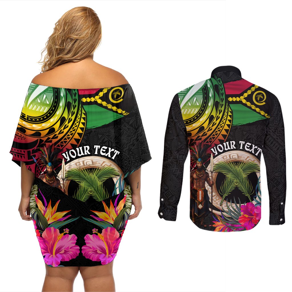 Personalised Vanuatu 44th Anniversary Couples Matching Off Shoulder Short Dress and Long Sleeve Button Shirt Boars Tusk and Melanesian Warrior Indipendens Dei
