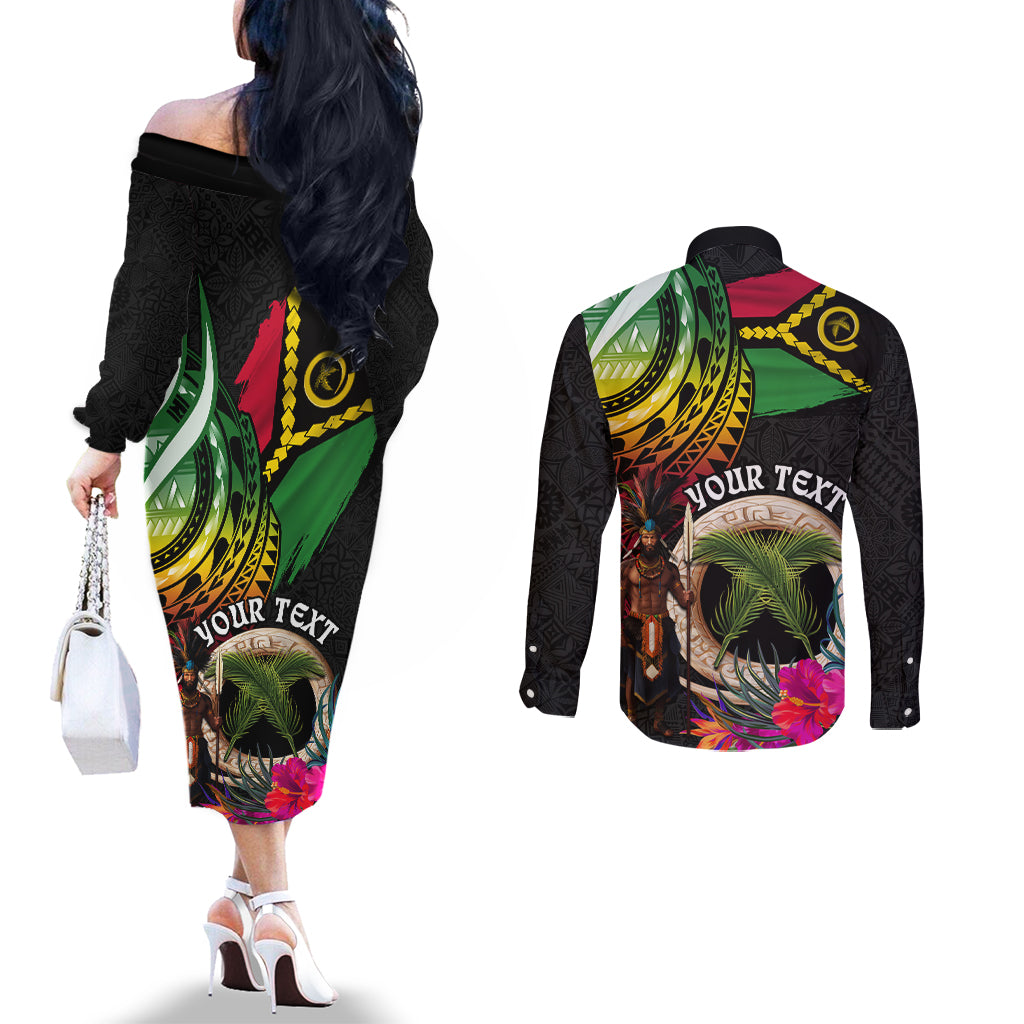 Personalised Vanuatu 44th Anniversary Couples Matching Off The Shoulder Long Sleeve Dress and Long Sleeve Button Shirt Boars Tusk and Melanesian Warrior Indipendens Dei